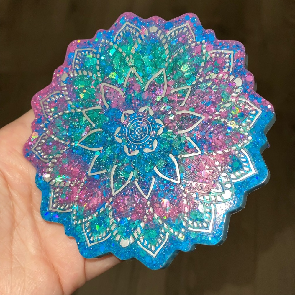 Hand Painted Multicolor Mandala Four Piece Resin Coaster Set